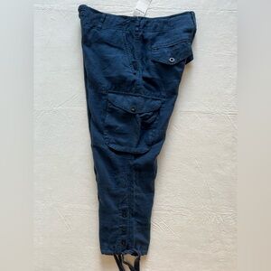 NWT Ralph Lauren Linen Cargo Capri Pants 8 Navy Button Detail and Drawstring Hem